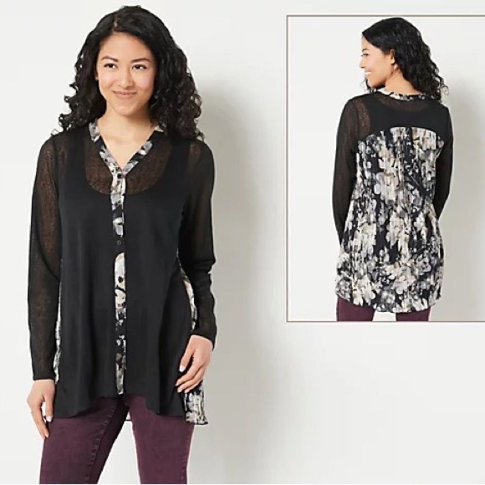 LOGO by Lori Goldstein Sweaterknit Cardigan with Printed Back